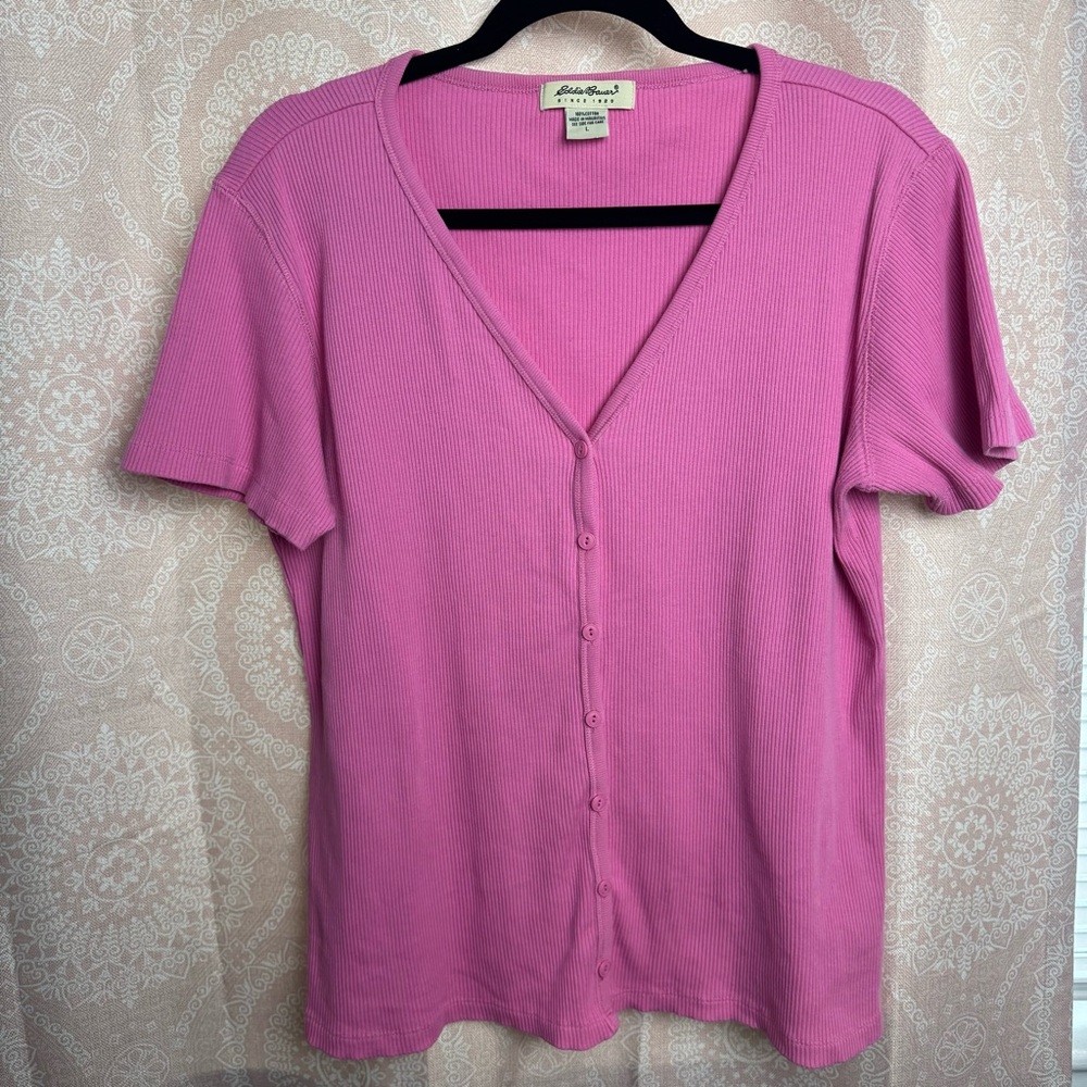Vintage Eddie Bauer Pink Button-Down Cardigan Short Sleeve Ribbed Coquette Sz Lg